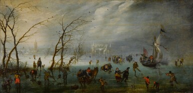 Adriaen van de Venne, Winter landscape with skaters, eel catchers, kolf players, and other figures and sledges