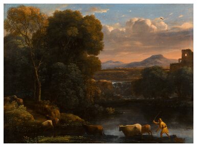 Italianate landscape with a drover and his dog driving his cattle across a ford, a waterfall beyond