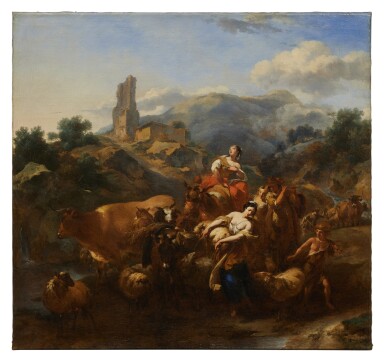 Italianate river landscape with a shepherdesses, a shepherd playing the flute, animals, and ruins