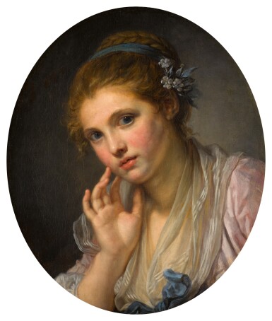 Jean-Baptiste Greuze, Portrait of a girl, bust-length, wearing a pink dress, diaphanous shawl and blue ribbon with flowers in her hair