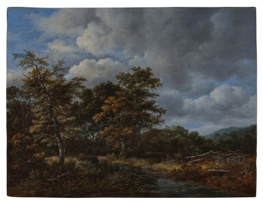 A wooded landscape with a quiet stream and a group of trees at left