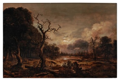A marshy forest landscape at moonlight, with stags at left and a view of a town beyond