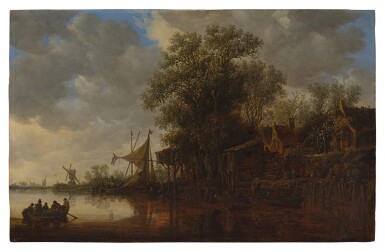 Jan van Goyen, River landscape with six passengers in a row boat and a village along the shore