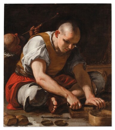 Man cutting a block of tobacco with another figure smoking a pipe behind