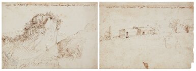 Two landscape drawings: A) A rocky outcrop with trees, with an additional sketch (verso) B) Farm buildings in a landscape