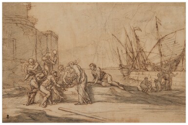 A harbor scene with men arguing over a fish; possibly the Miracle of the coin in the fish's mouth