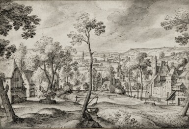 Landscape with a small town, a castle to the right and a Church in the distance