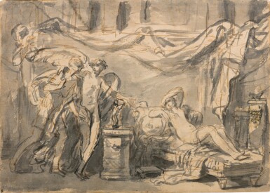 L’Amour conduisant un jeune homme vers le lit où repose une femme nue