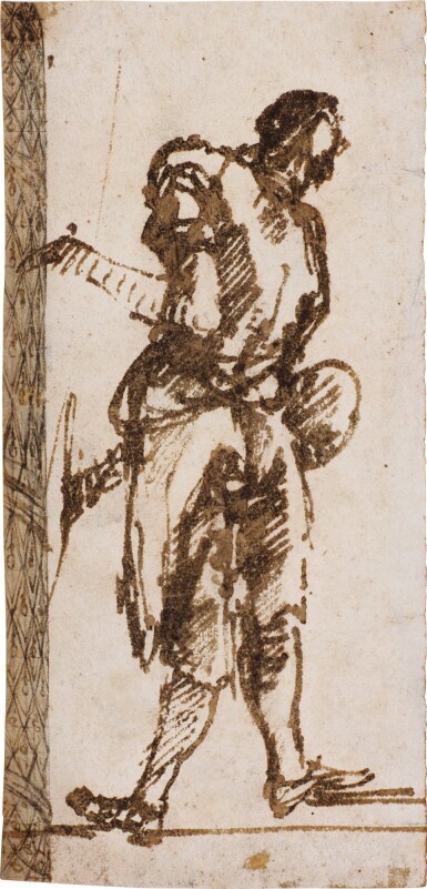 Recto: A printer seen from behind wearing an apron Verso: Study of draperies and part of a column