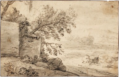 Sketchbook page: landscape with a road by an overgrown wall