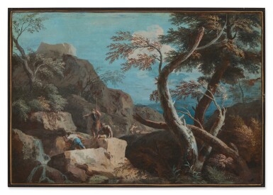 A rocky wooded landscape with three peasants at a waterfall, a shepherd beyond