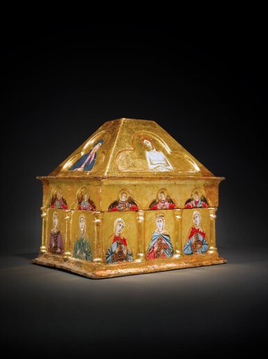 Painted Cassetta with the Vir Dolorum, the Madonna and Saint John the Evangelist, and a Female Saint (Possibly Saint Helena), Ten Female Martyr Saints, and Ten Angels