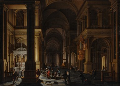 Interior of a Protestant Church at Night with Figures