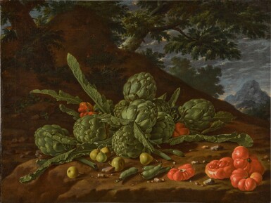 Luis Meléndez, Still Life of Artichokes and Tomatoes in a Landscape