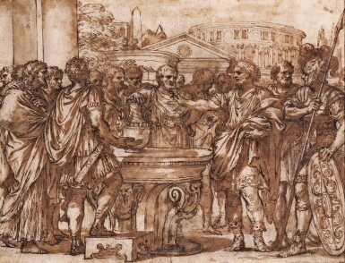 Recto: Julius Caesar preferring his Agrarian Law Verso: A partial male figure study and a study of a kneeling child with clasped hands