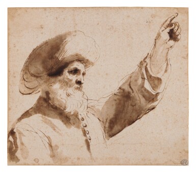 A Man Wearing a Turban in Profile to the Left, Raising His Left Hand, Bust-Length