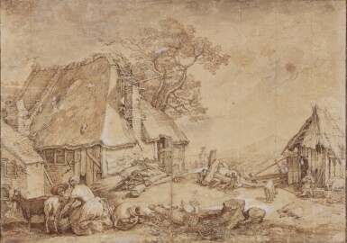 Farmyard scene with women milking goats, to the right the Prodigal Son as a swineherd