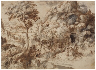 Mountainous landscape with a hermit kneeling in front of a cross
