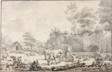 Rural scene, with a family and their animals resting in a field, by ruins