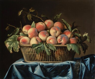 Still Life of Peaches in a Wicker Basket atop a Blue Tablecloth