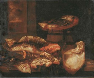 A ray, a salmon steak, crabs and other fish in a basket on a wooden ledge before a window
