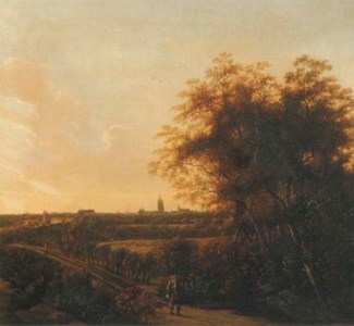 A wooded landscape with a sportsman and his dog on a sandy road, a view of The Hague in the distance