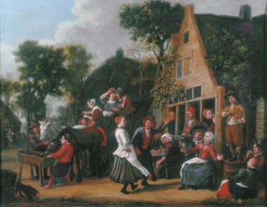 Peasants making merry and a wagon halting outside an inn