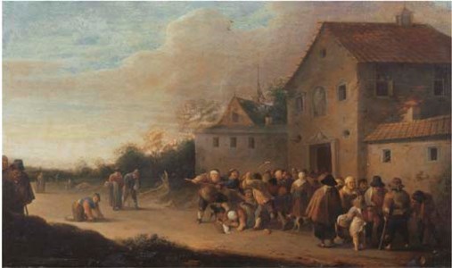 A village landscape with the Distribution of Bread to the Poor