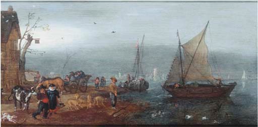 A river landscape with figures on the bank near an inn, shipping beyond
