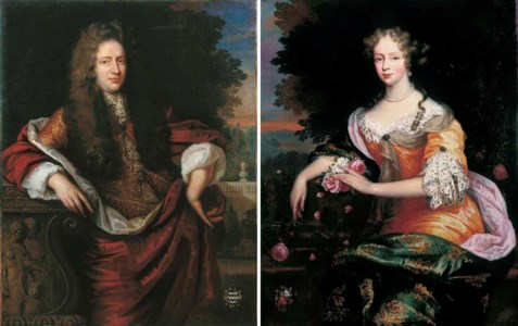 Portrait of Jan van der Haer (b. 1655), three-quarter-length, in a gold brocade coat with a red cape, leaning against a pedestal, a garden beyond; and Portrait of Helena van der Haer, née Stoutenburgh (1663-1702), seated three-quarter-length in an orange silk dress set with lace and a gold-embroidered green silk wrap, on a terrace before a wooded landscape