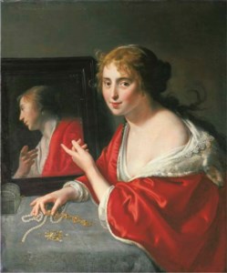 Vanitas : A young lady at a draped table before a black framed mirror