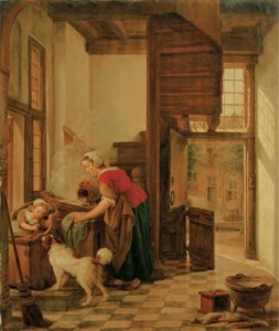 An interior with a child seated in a high chair teasing a dog, a servant washing by the window behind her