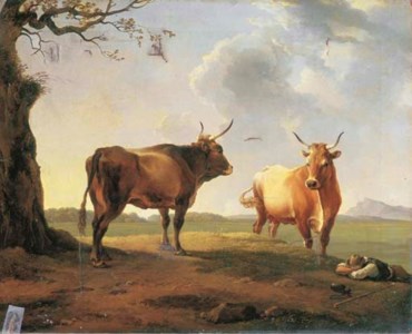 An extensive Italianate landscape at dusk with a shepherd sleeping beside a bull and a cow