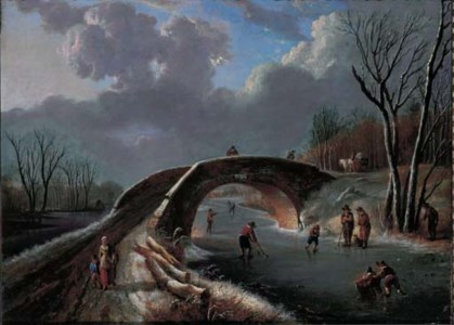 A winter landscape with skaters on a frozen river