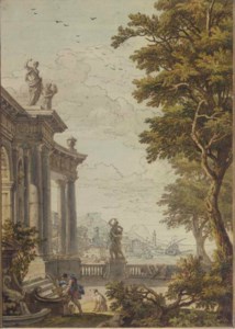 A classical gateway with a man and his dog at a fountain, a port and mountains beyond