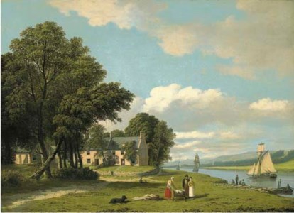 The Clyde at Govan, with figures and a boat in the foreground