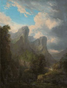 View of the Sisters of Glencoe with figures and livestock on a bridge