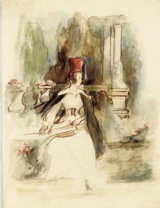 Portrait of Julia Emily Gordon, full-length, wearing an African fez, in a garden