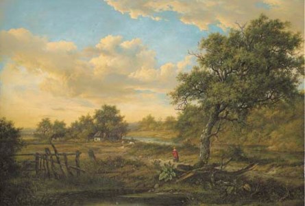 A wooded river landscape, with a figure on a path