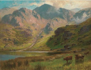 Highland landscape, with cattle and sheep before a loch