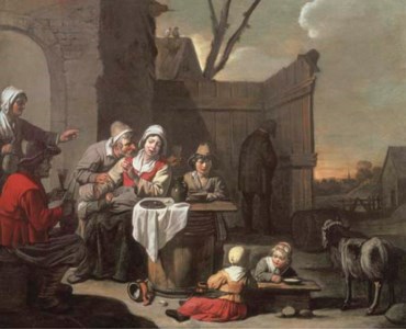 The courtyard of a country inn with peasants eating and drinking