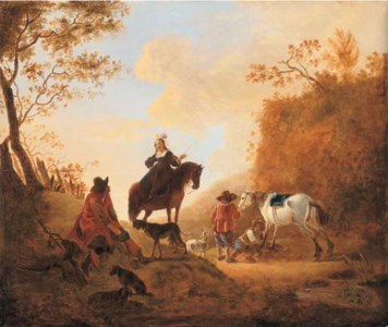 A landscape with hunters resting by a path