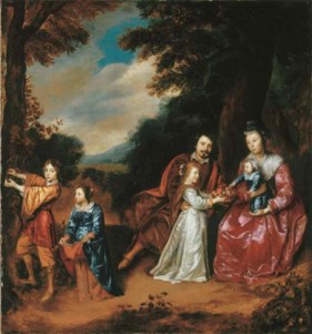 A group portrait of a family in a landscape