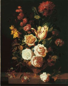 Roses, a parrot tulip, carnations, morning glory, honeysuckle and other flowers in an urn on a stone ledge
