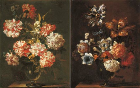 Carnations, morning glory, zagara and other flowers in a glass vase on a stone ledge; and Parrot tulips, forget-me-not and other flowers in a glass vase on a stone ledge