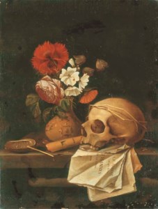 A vanitas still life with a skull, flowers in a terracotta vase, an haliotis, a flute and pages from the anonymous Le miroir des plus belles courtisannes de ce temps on a stone ledge