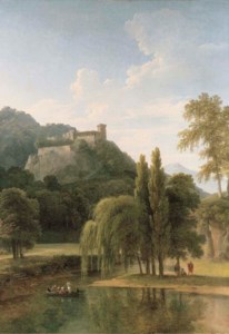 A river landscape with classical figures in a boat, a hilltop castle beyond