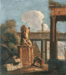 A capriccio of Roman ruins with soldiers beside the Statue of Marius