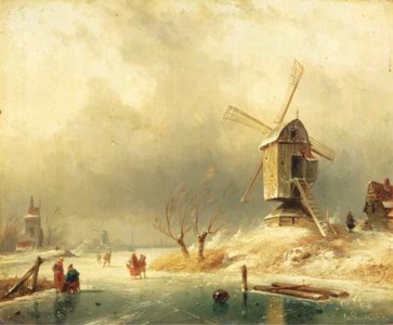 Winter: figures on the ice by a windmill