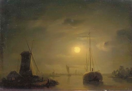 A haybarge on a moonlit river